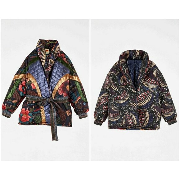 💕FARM RIO💕 Black Wild Bananas Metallic Reversible Puffer Jacket Large L NWT - Picture 10 of 16